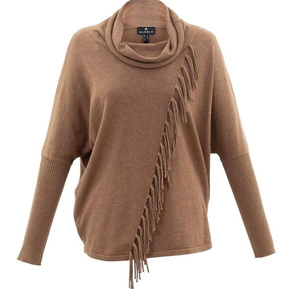 MARBLE Woman’s Size Small Brown Cowl Neck Sweater with Fringe - Picture 2 of 9